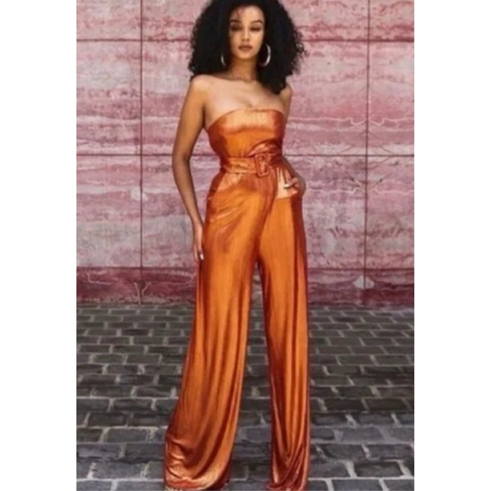 Hanifa Metallic Strapless Wide Leg Jumpsuit in Orange sz L